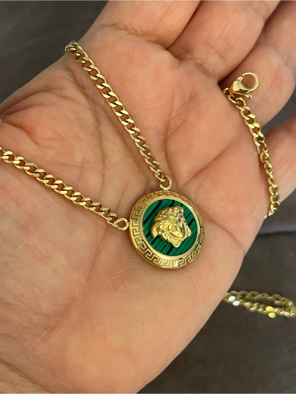 Gold plated Medallion Necklace with Green Enamel and greek Medusa